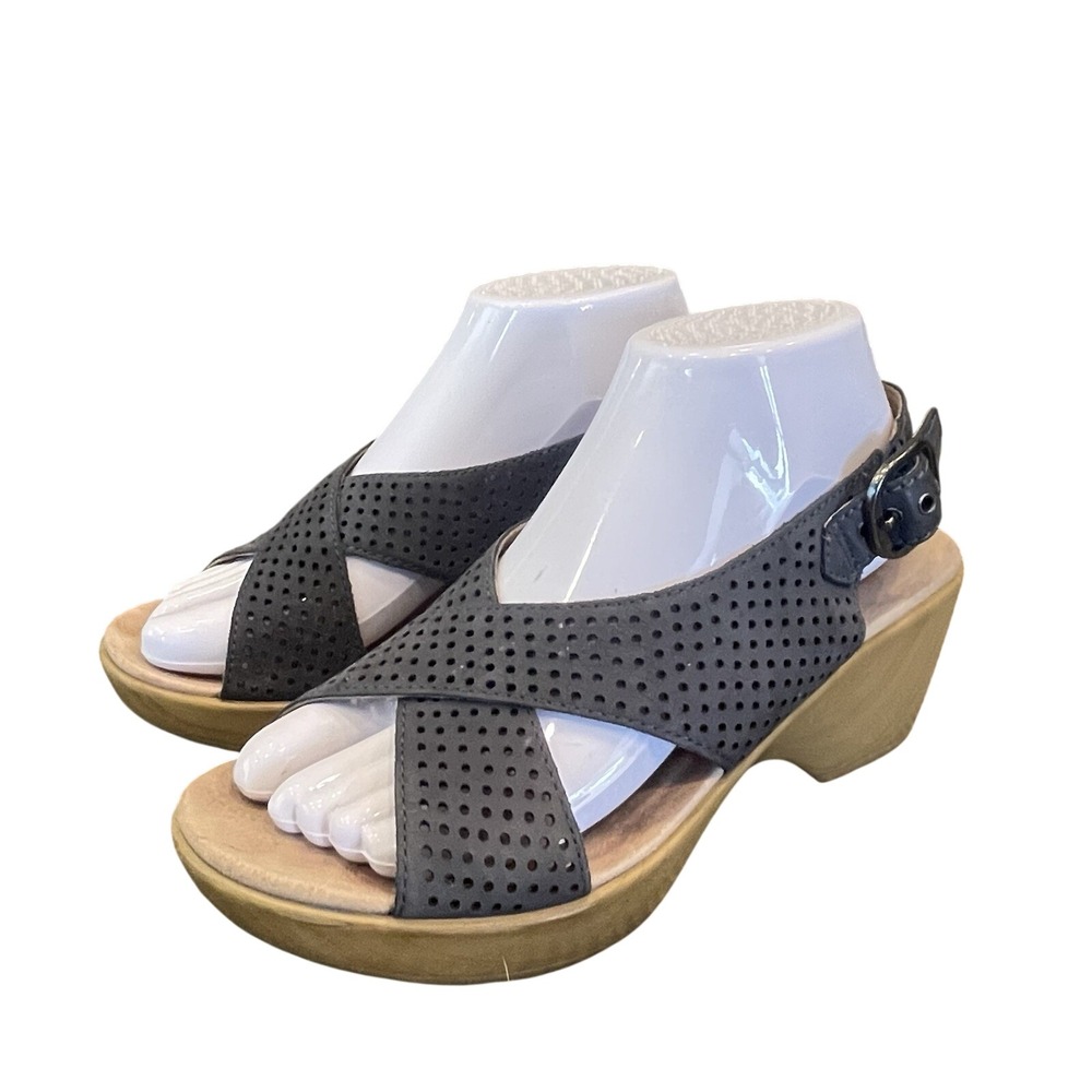 Dansko Jacinda Sandals Women 38/7 Slingback Wedge Heels Chunky Leather Gray